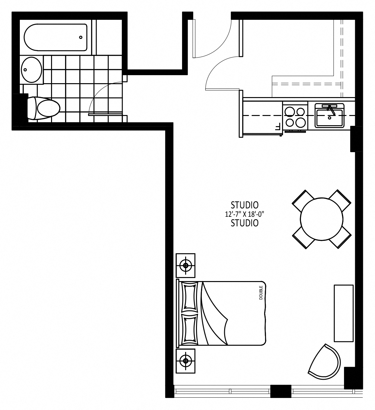 Floor plan for studio, 1 bath, 430 sqft